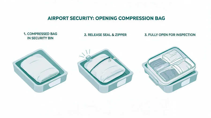 Traveler opening a compression bag at airport security