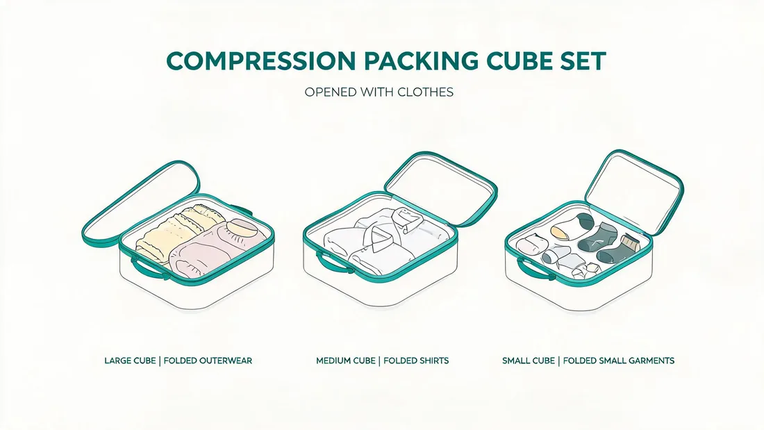 Compression packing cubes for travel shown open and packed with folded clothes