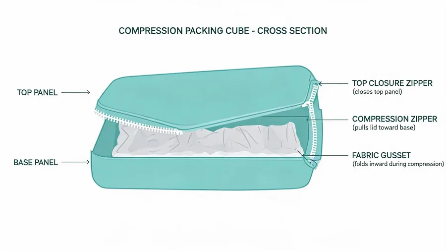 Diagram showing how the second zipper on a compression packing cube pulls the lid down