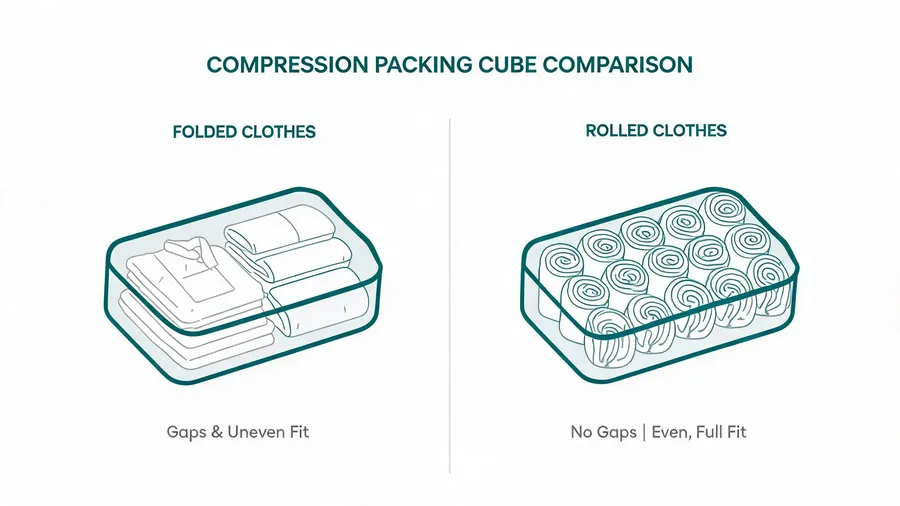 Diagram comparing folded and rolled clothes inside a compression packing cube