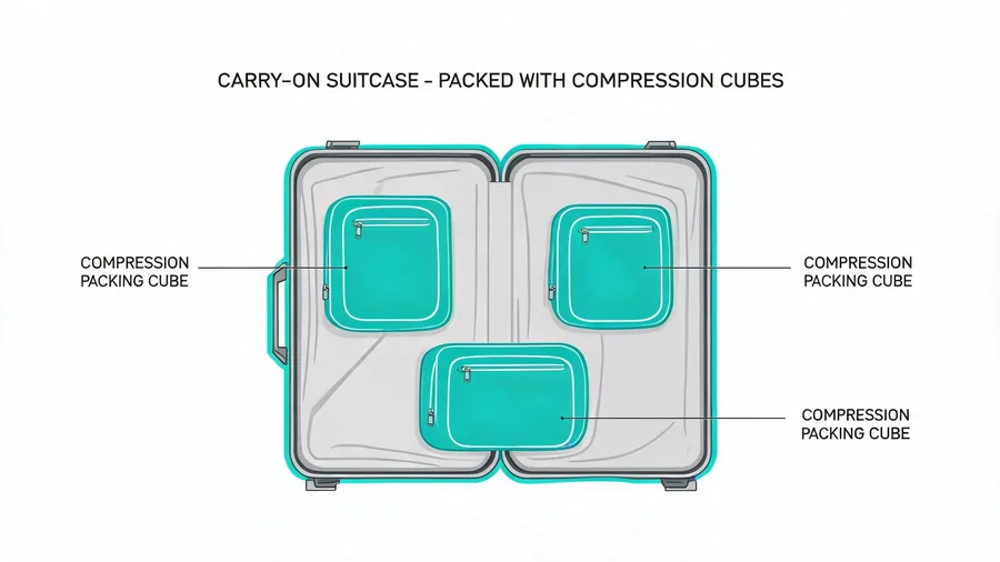 Carry-on suitcase with compression packing cubes for travel arranged by category