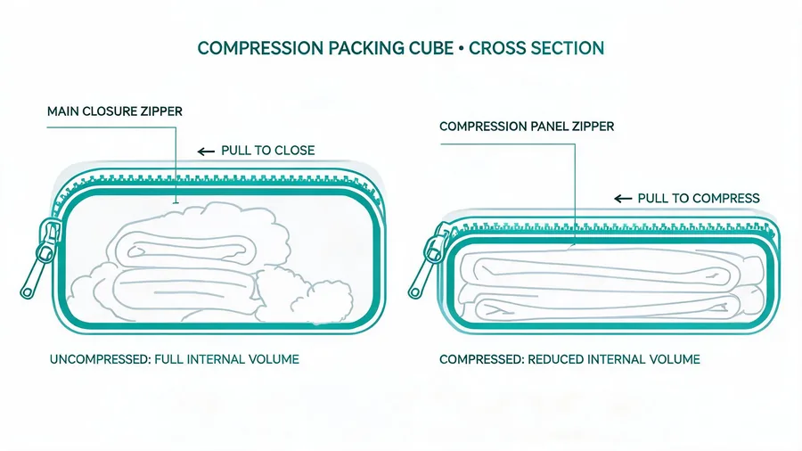 Cross-section diagram of dual zipper compression mechanism in a packing cube