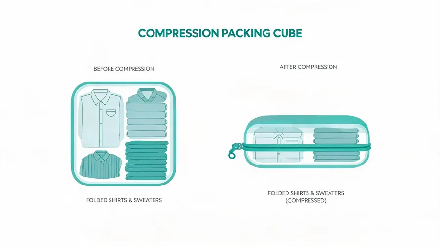 Compression packing cube filled with folded shirts and sweaters