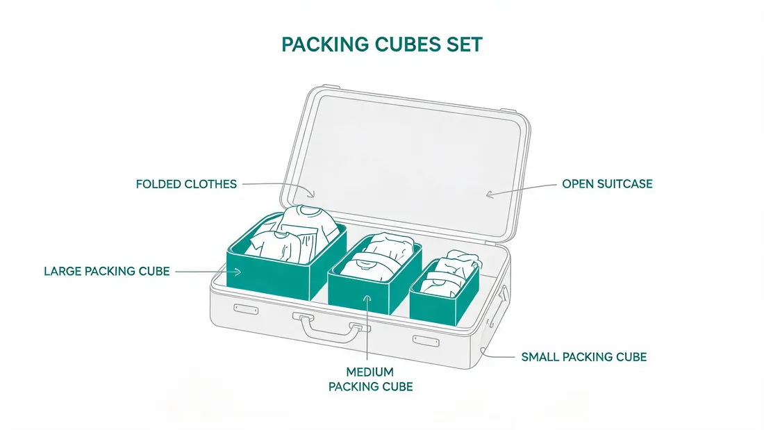 Set of packing cubes with clothes organized inside a suitcase