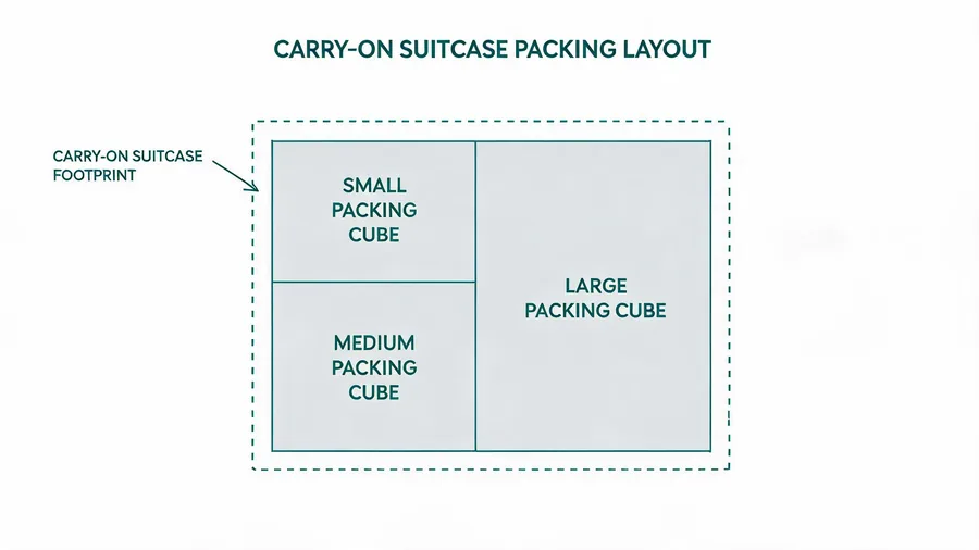 Diagram showing how different sizes of packing cubes fit inside a carry-on bag