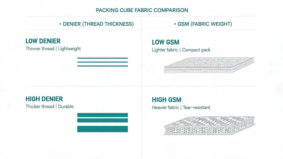 Diagram illustrating denier and GSM measurements for packing cube fabric