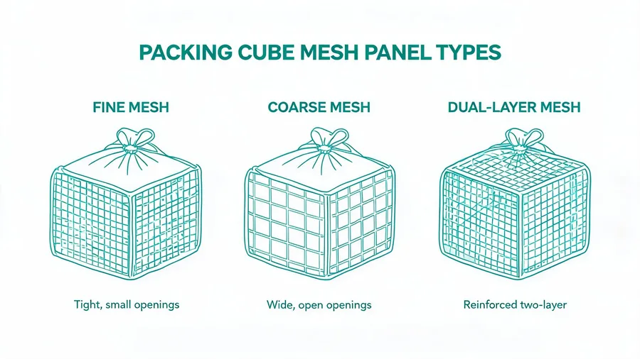 Packing cube with mesh panel showing different mesh types
