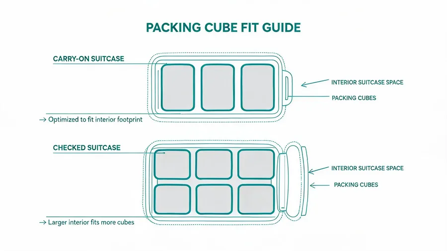 Diagram comparing packing cube set dimensions to carry-on and checked luggage
