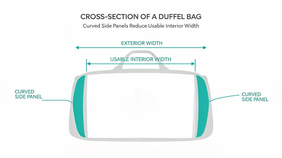 Diagram comparing listed duffel width to usable interior width