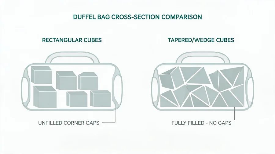 Diagram showing cube shapes filling duffel bag corners