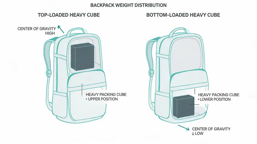Diagram of backpack loading order affecting weight distribution
