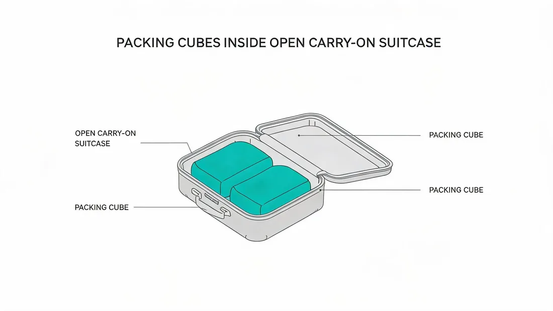 Packing cubes for carry on luggage laid inside an open suitcase