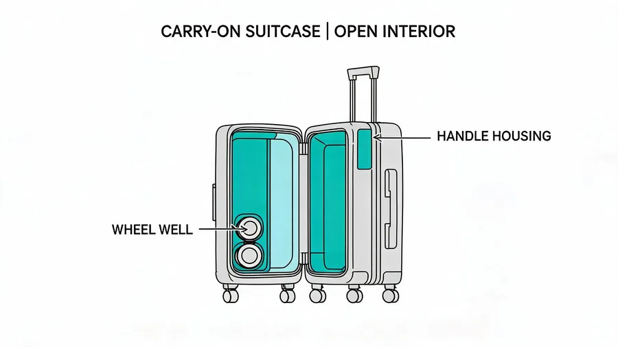 Open carry-on showing interior space lost to wheel wells and handle housing