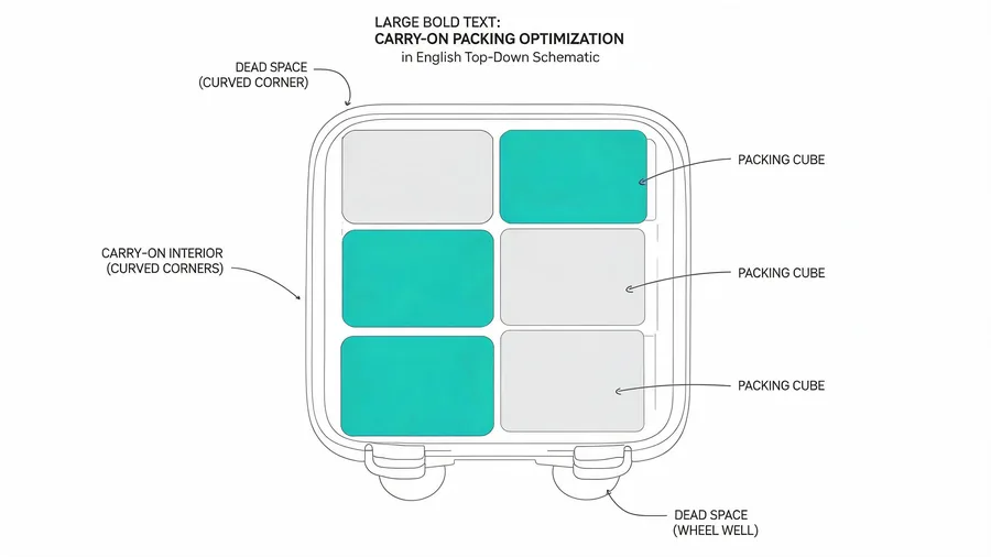 Diagram showing how packing cubes tile a carry-on interior with curved corners