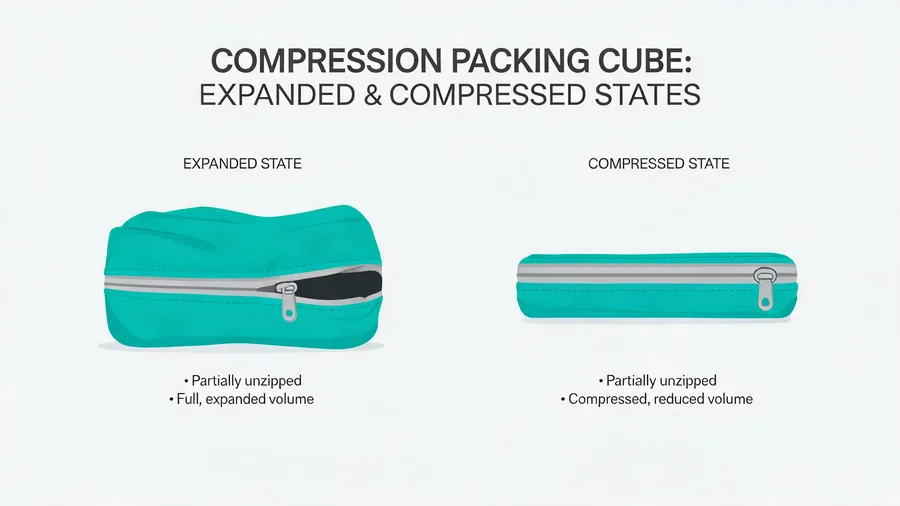 Compression packing cube showing expanded and compressed states