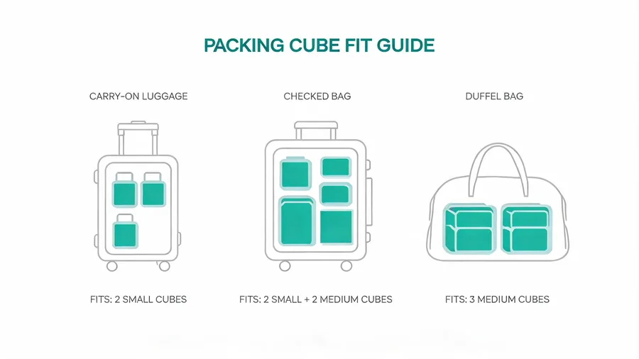 Diagram mapping packing cube sizes to carry-on, checked, and duffel luggage types