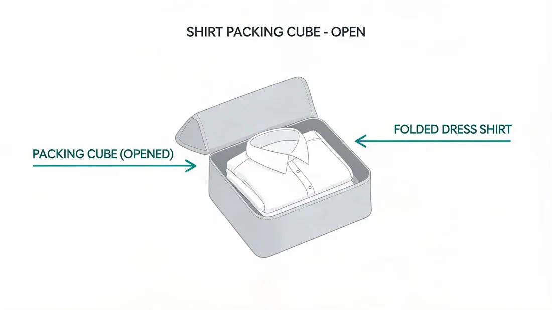 Open shirt packing cube holding a neatly folded dress shirt