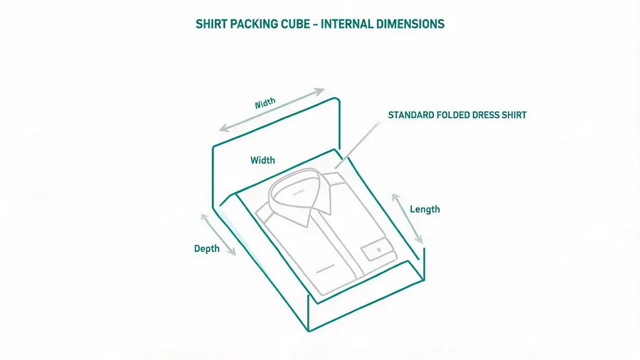 Diagram comparing shirt packing cube internal dimensions to a folded dress shirt