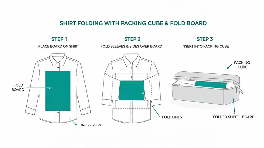 Diagram showing folding board and fold guide inside a shirt packing cube