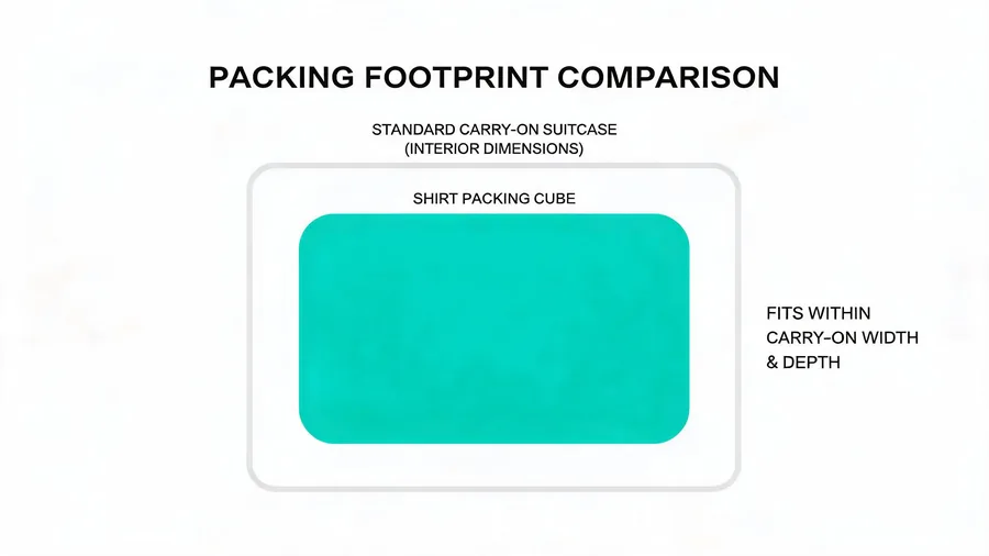 Diagram showing shirt packing cube fit inside carry-on suitcase dimensions