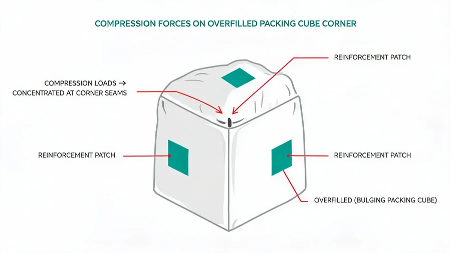 Diagram showing compression loading on packing cube corners and reinforcement placement