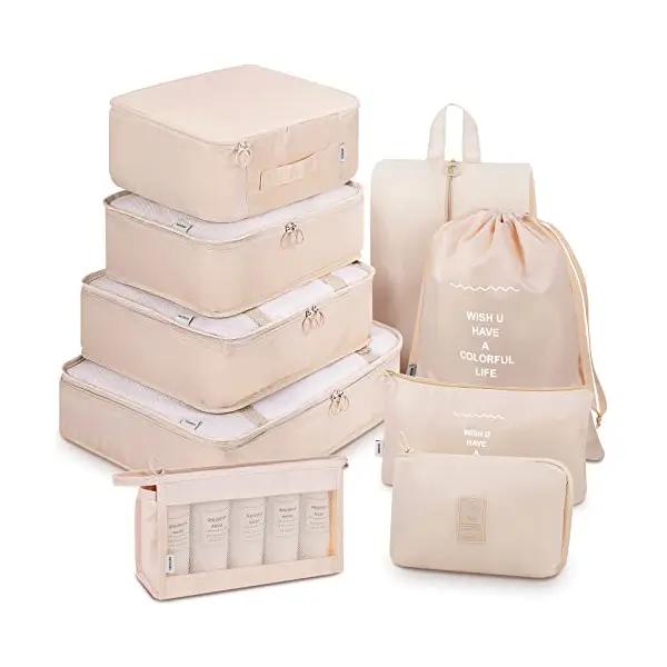 9-piece custom packing cube and travel organizer set in beige nylon